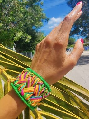 Handwoven Multicolor Women's Cuff Bracelet - Vibrant Green Kelly Trim